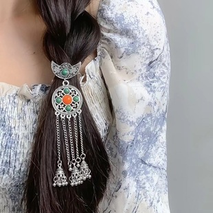 蒙古月牙铃铛珍珠流苏后压发夹女民族风侧边夹银色战国袍汉服头饰