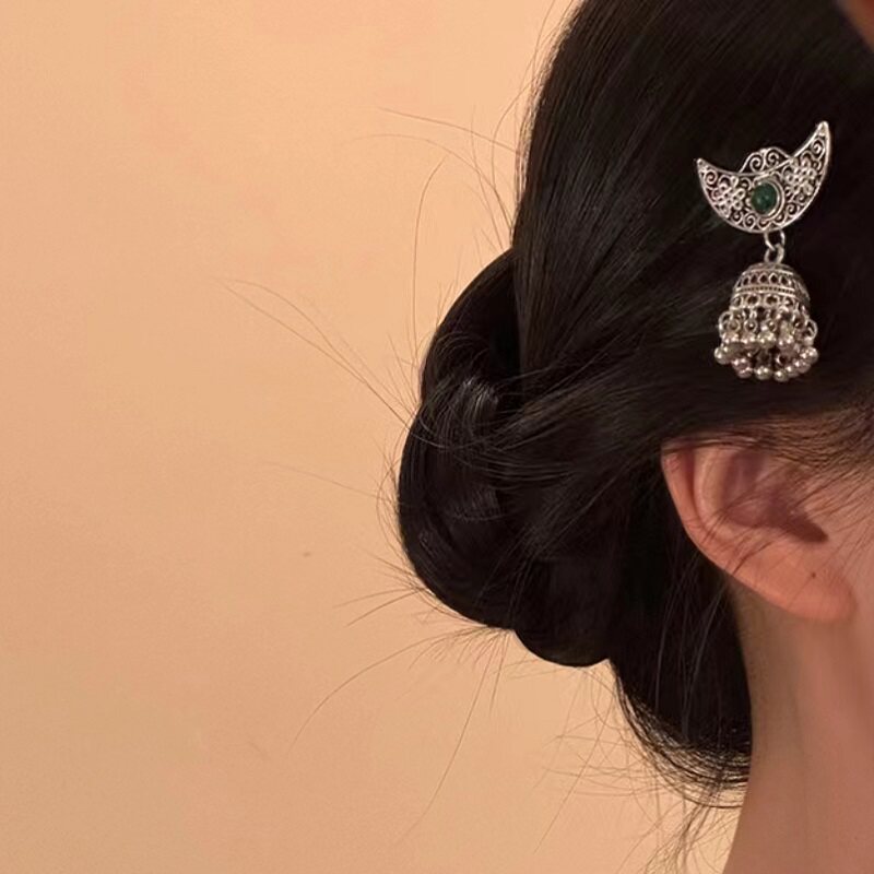 民族风月牙铃铛流苏发夹鸭嘴夹女复古银色刘海侧边夹汉服蒙古头饰