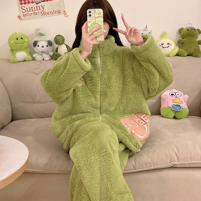 珊瑚绒拉链睡衣女士冬季加绒加厚长袖妈妈可外穿法兰绒套装家居服