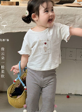 女童短袖26夏装新款卡通印花1岁女宝T恤上衣婴幼儿百搭条纹打底裤