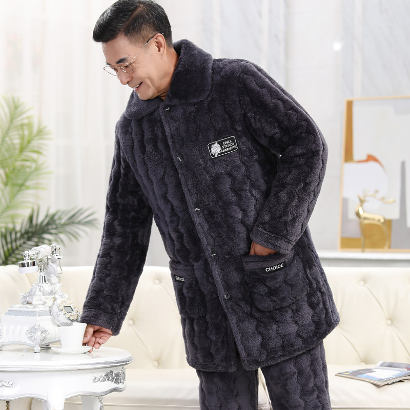新款三层加厚加绒加肥加大码睡衣男爸爸冬宽松中老年家居服套装