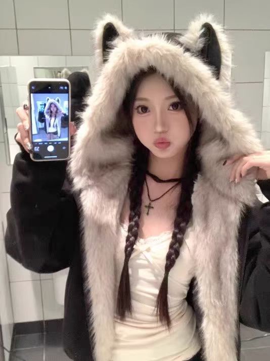 可爱狐狸耳朵毛绒连帽外套女2025秋冬新款俩面穿休闲宽松百搭外套