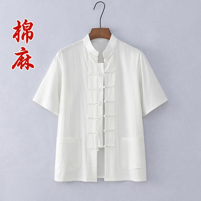 中老年短袖唐装夏季休闲汉服棉麻