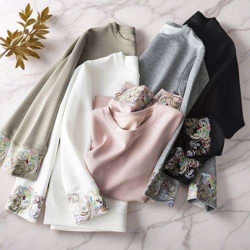 新中式国风刺绣舒适德绒秋冬女上衣设计感长袖T恤打底衫大码300斤