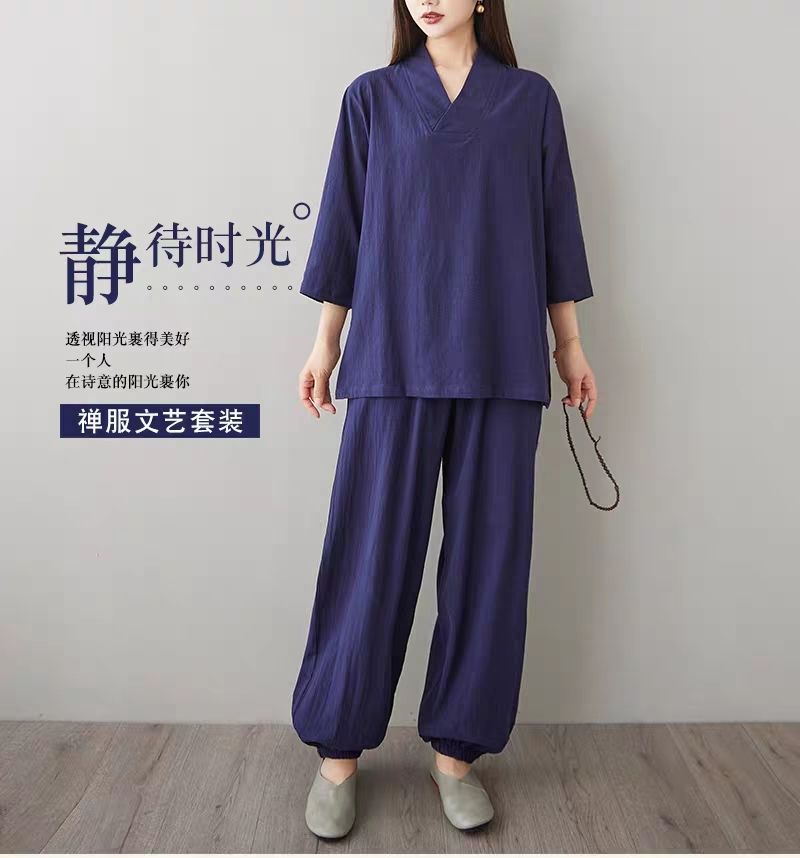 寺院居士服男女七分袖长裤套装佛系禅意瑜伽打坐禅修服大码300斤
