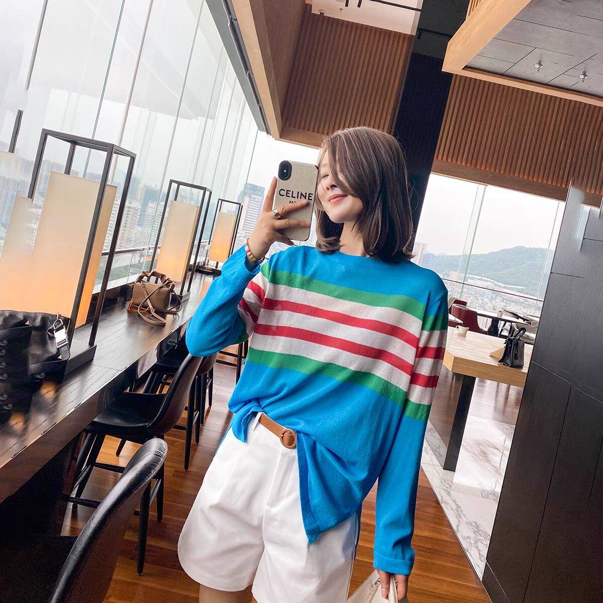 大码300斤春秋夏上衣防晒衣新款女装韩系圆领条纹宽松长袖罩衫薄