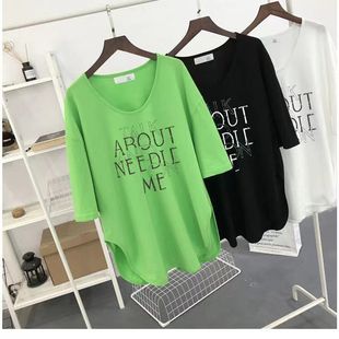 胖MM短袖t恤女夏季弧形下摆300斤大码宽松V领遮屁股中长款上衣女