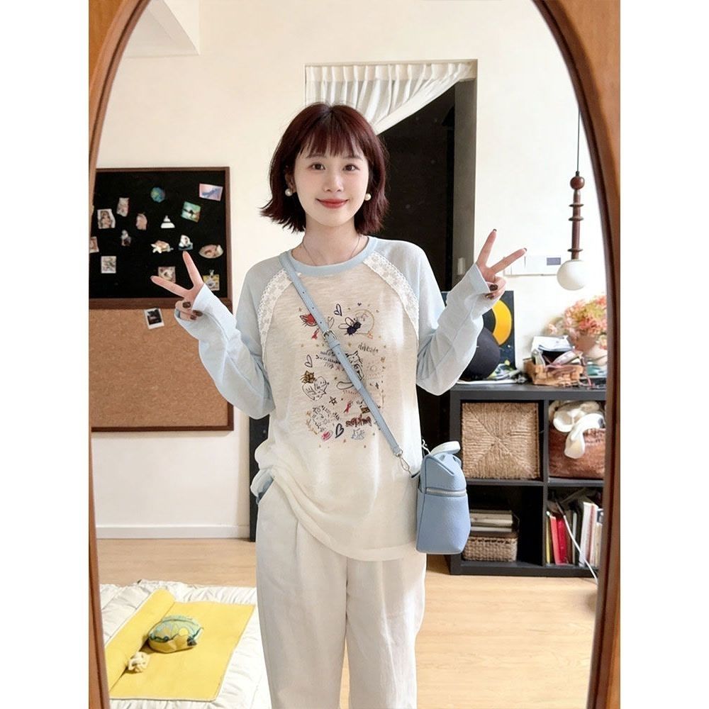 韩系趣味卡通涂鸦防晒t恤罩衫女夏日松弛感蕾丝拼接插肩长袖大码