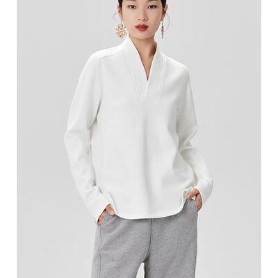 新中式交领德绒长袖T恤秋冬款v领简约通勤T恤休闲打底衫大码300斤