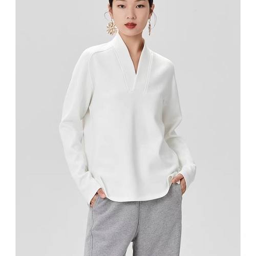 新中式交领德绒长袖T恤秋冬款v领简约通勤T恤休闲打底衫大码300斤