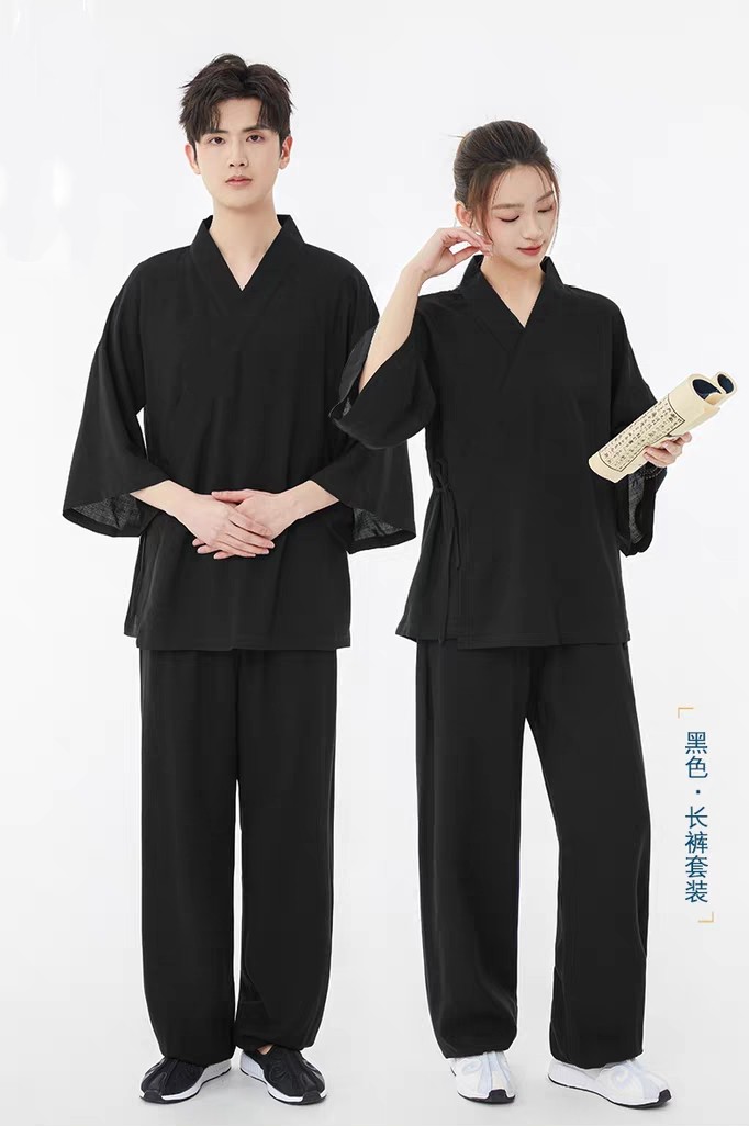 交领汉服系带四季薄款七分袖长裤套装休闲复古新中式拜佛男女大码