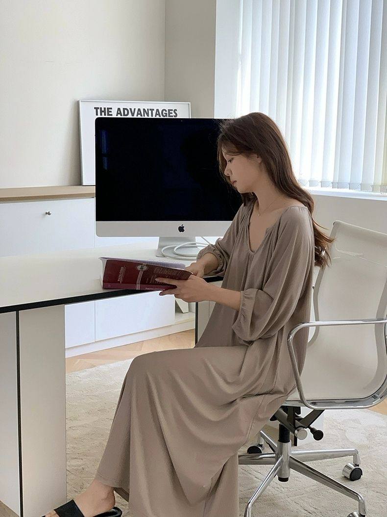 性感七分袖睡裙女春秋季新款宽松大码300斤睡衣简约纯色休闲居家