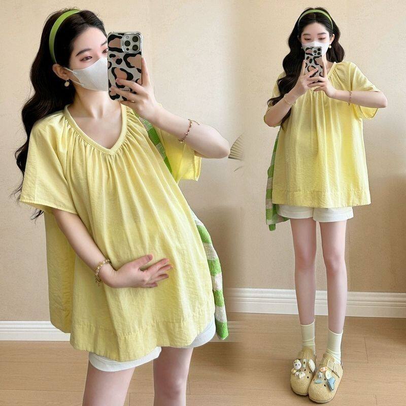 大码黄色衬衫孕妇百搭T恤宽松女夏季v领短袖上衣减龄甜美遮肚显白