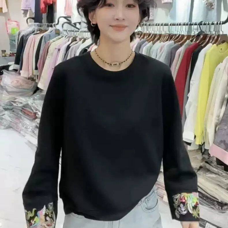欧货黑色德绒女秋冬季圆领时尚新中式长袖国风绣花上衣大码300斤