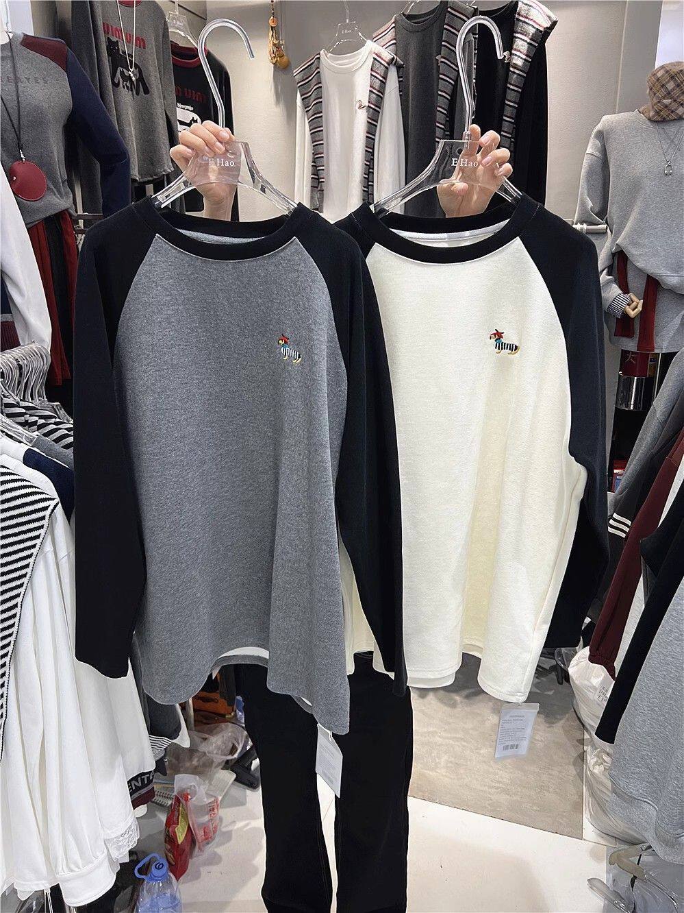 大码300斤秋冬新款撞色插肩袖圆领刺绣长袖T恤男女宽松德绒上衣
