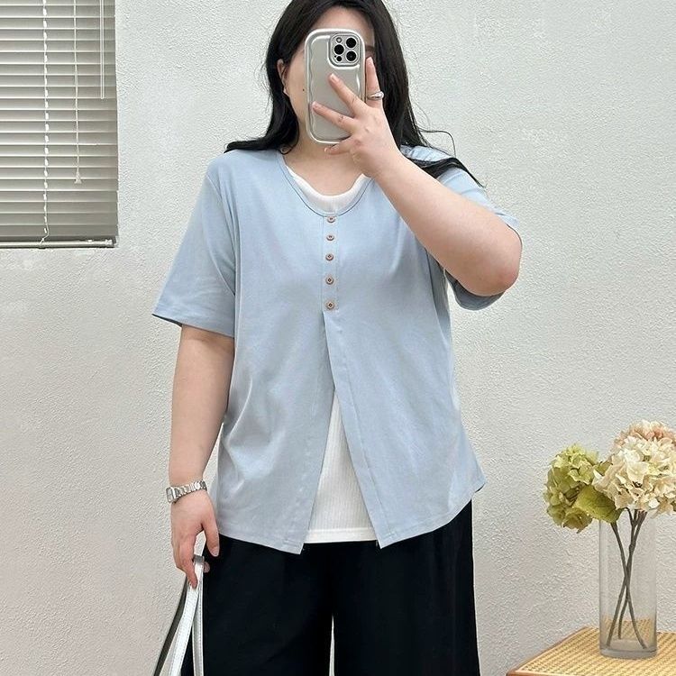 大码设计感假两件孕妇T恤女夏季新款胖mm宽松显瘦遮肉外穿上衣潮