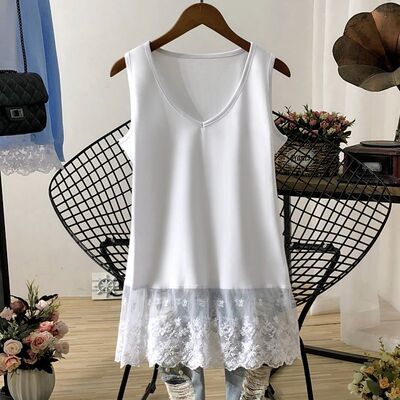 宽松无袖v领中长款T恤背心加大码300斤女夏季蕾丝拼接打底衫遮屁