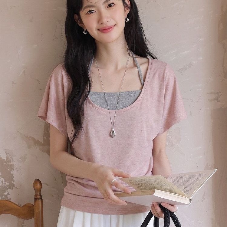 纯欲风女2026夏季新款收腰U领短袖罩衫甜美防晒休闲上衣大码300斤