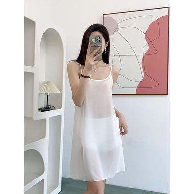 胖MM女夏季吊带打底裙性感单层半透明睡衣300斤大码宽松纯色睡裙