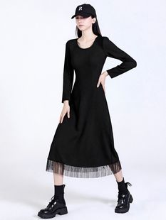 大码300斤秋冬新款长袖连衣裙打底裙遮肚子显瘦流苏超仙长裙黑色