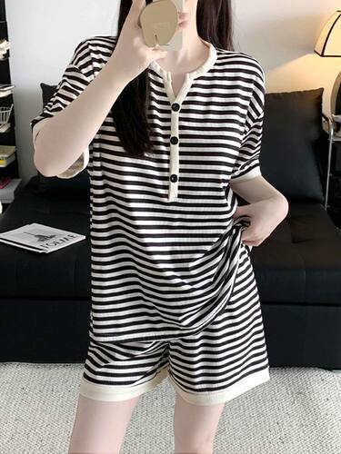 条纹睡衣女夏季新款大码300斤冰丝短袖短裤套装休闲家居服可外穿
