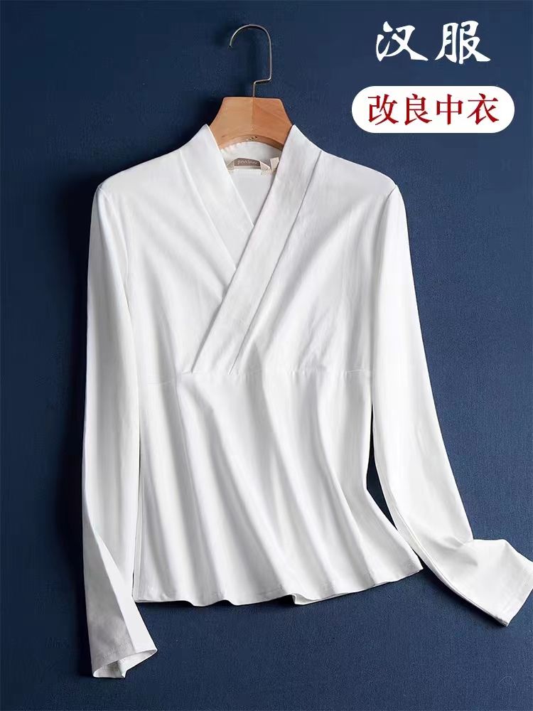 大码300斤德绒中式汉服改良中衣内搭上衣套头交叉领打底衫T恤