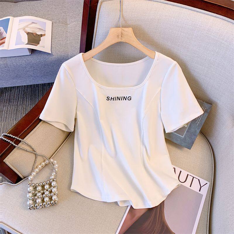 300斤大码女装夏季新款胖mm遮肚子上衣藏肉设计感鱼骨方领短袖t恤
