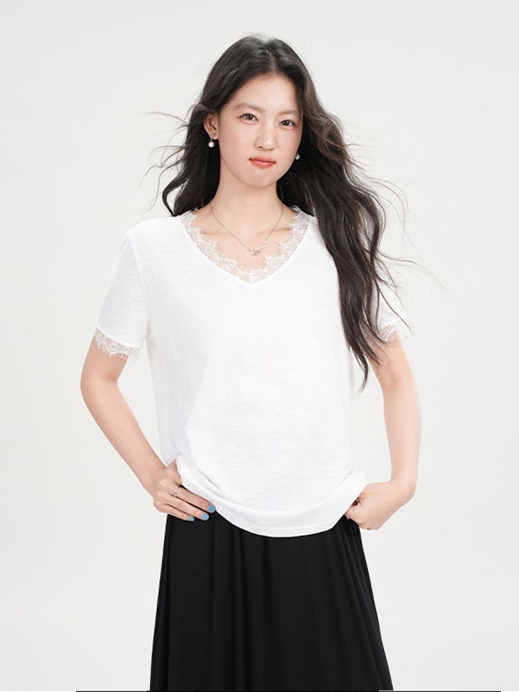 大码300斤蕾丝花边冰丝T恤短袖夏季胖MM新款设计显瘦气质宽松上衣
