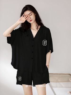 大码300斤睡衣女夏季短袖短裤薄款开衫黑色时尚可外穿家居服套装
