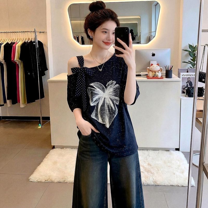 露肩慵懒风波点宽松蝴蝶结T恤女夏季遮肉胖mm设计感大码气质上衣