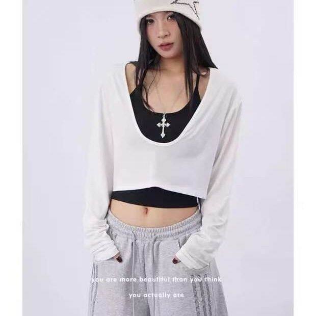 2-300斤大码宽松长袖T恤女夏短款露脐一字肩薄款露肩防晒罩衫上衣