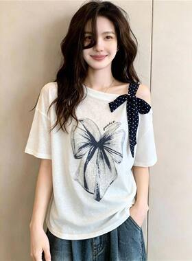 大码300斤印花点点蝴蝶结短袖t恤女2026夏季胖mm显瘦露肩减龄上衣