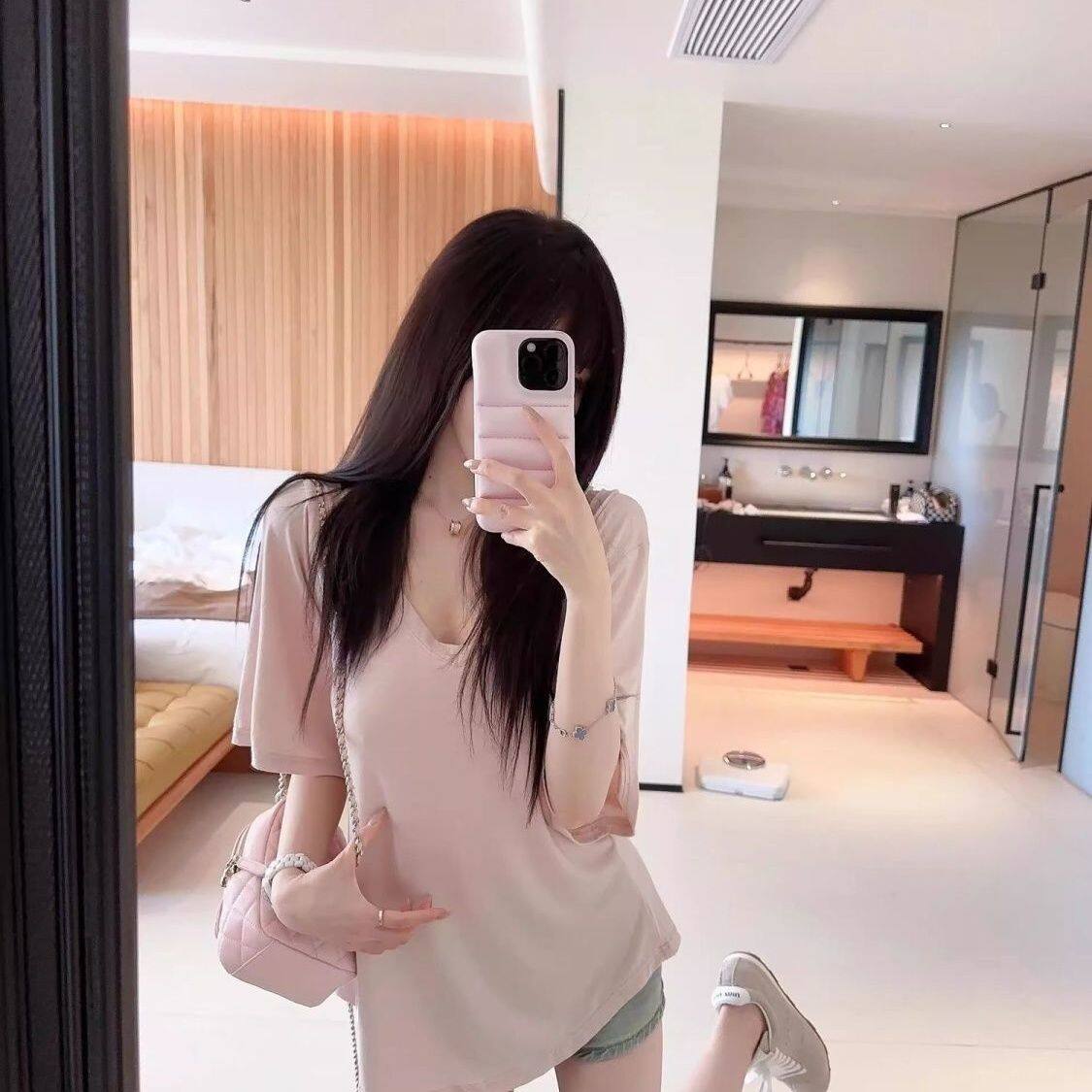 性感大V领宽松显瘦遮肉松弛感T恤女夏季上衣短袖慵懒风大码300斤