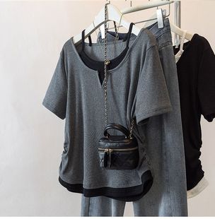 大码300斤胖MM假两件正肩短袖T恤女夏季宽松遮肚显瘦挂脖别致上衣