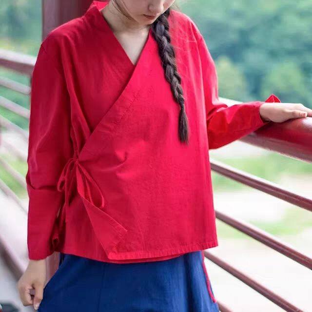原创汉服斜襟交领系带上衣中国风内搭日常汉元素女装德绒长袖大码