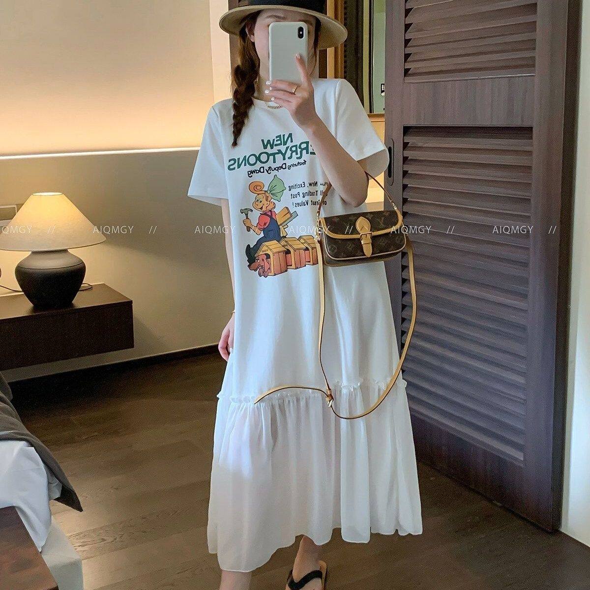 大码300斤短袖圆领印花T恤裙连衣裙女2026夏季新款宽松拼接长裙子