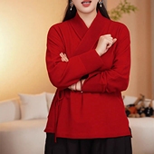 长袖 男女胖mm红色交领新中式 新年百搭禅意茶服 汉服大码 德绒秋冬季