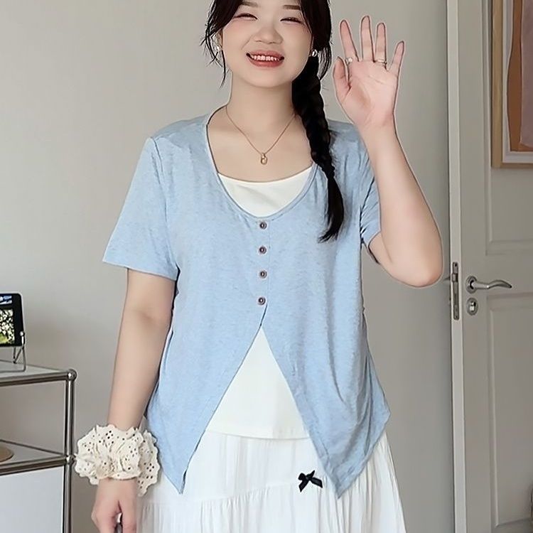 微胖mm大码女装夏装拼接假两件短袖正肩收腰上衣外穿遮肉甜美T恤