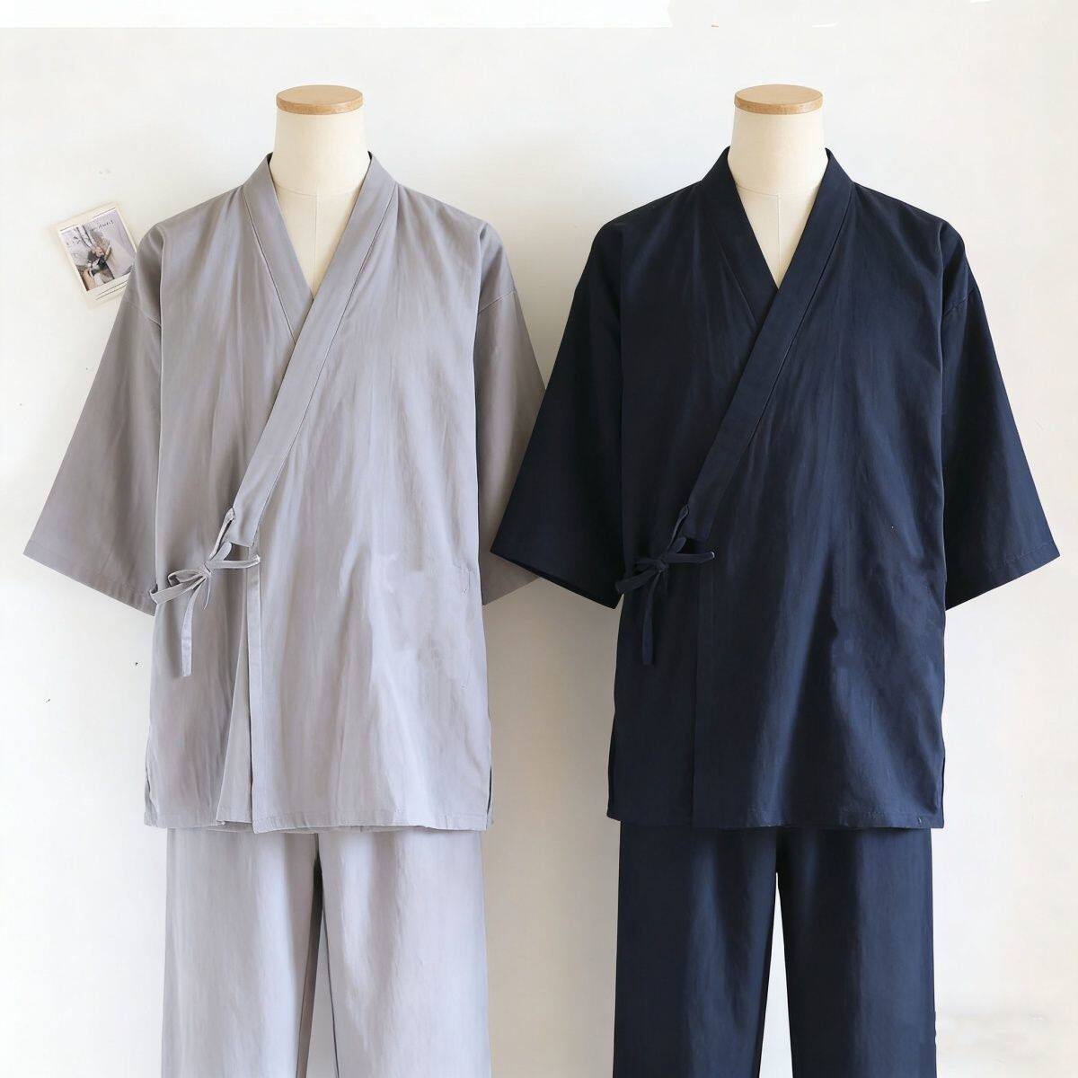 原创汉服男女家居服交领系带短袖长裤套装改良汉元素纯色睡衣大码