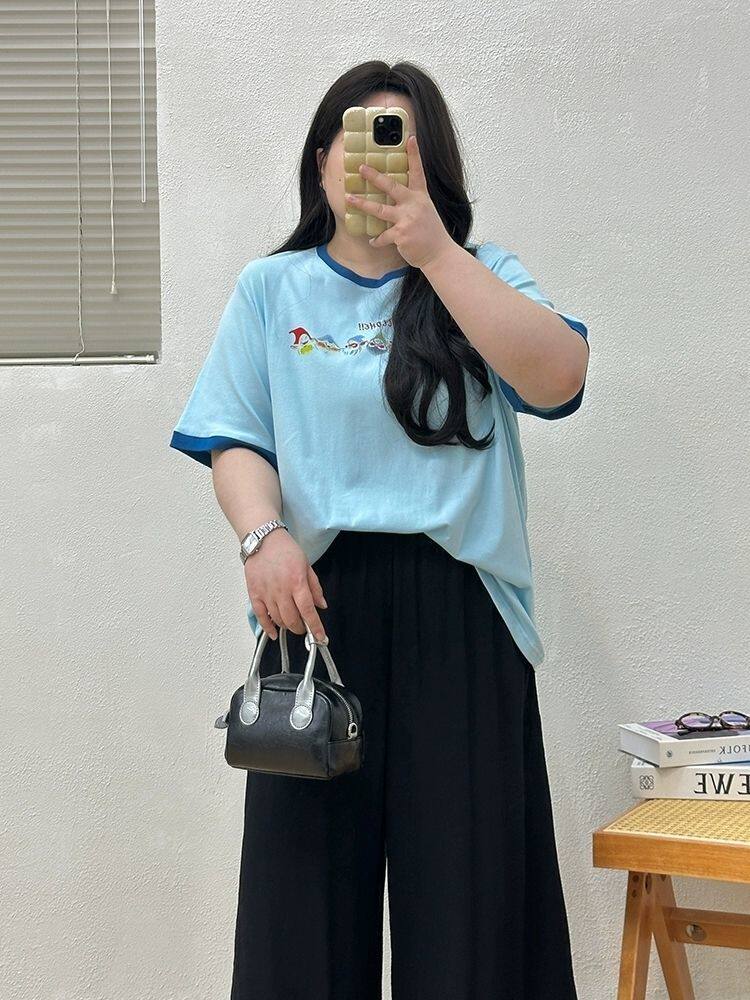 大码300斤女装胖MM拼色边T恤夏季新款短袖显瘦遮肉设计感休闲上衣