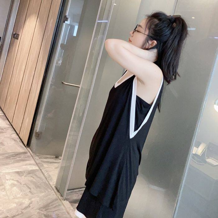 300斤大码睡衣女夏无袖背心短裤二件套装黑色撞色宽松甜美家居服