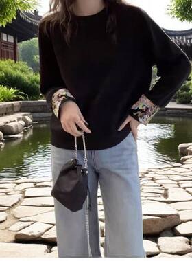 新中式袖口刺绣长袖德绒打底衫T恤搭配马甲的内搭秋冬季大码300斤