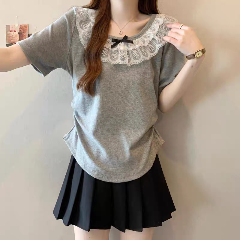 蕾丝娃娃领短袖t恤女夏季大码300斤胖mm短款洋气上衣别致漂亮小衫