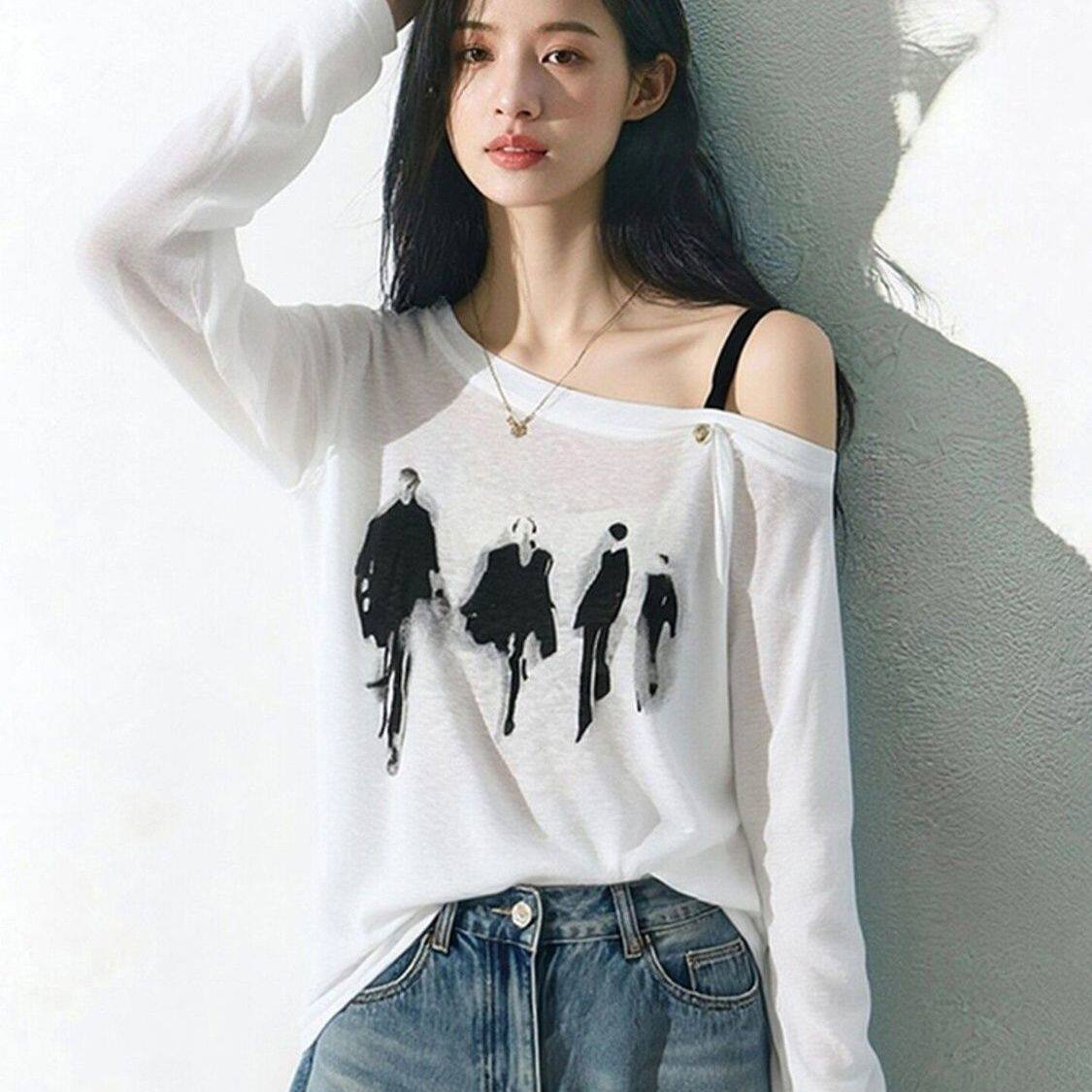 大码300斤2026新款韩系上衣超火超好看减龄白色露肩T恤女夏季长袖