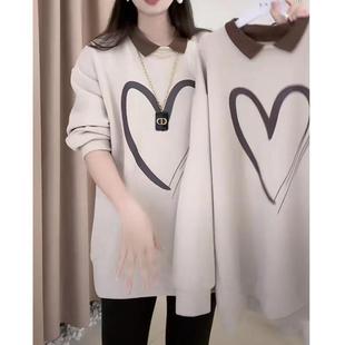 加绒中长款卫衣女秋冬设计感假两件翻领大码300斤遮屁股长袖上衣