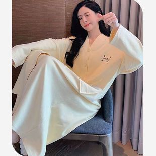 德绒睡裙女秋冬保暖月子服长袖纽扣开衫慵懒家居服睡衣大码300斤