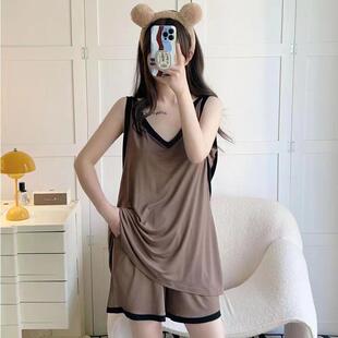 300斤休闲薄款冰丝套装女睡衣无袖背心短裤凉快净版家居服可外穿