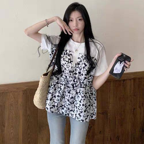 大码女夏300斤胖mm设计感碎花拼接假两件短袖t恤宽松显瘦百搭上衣