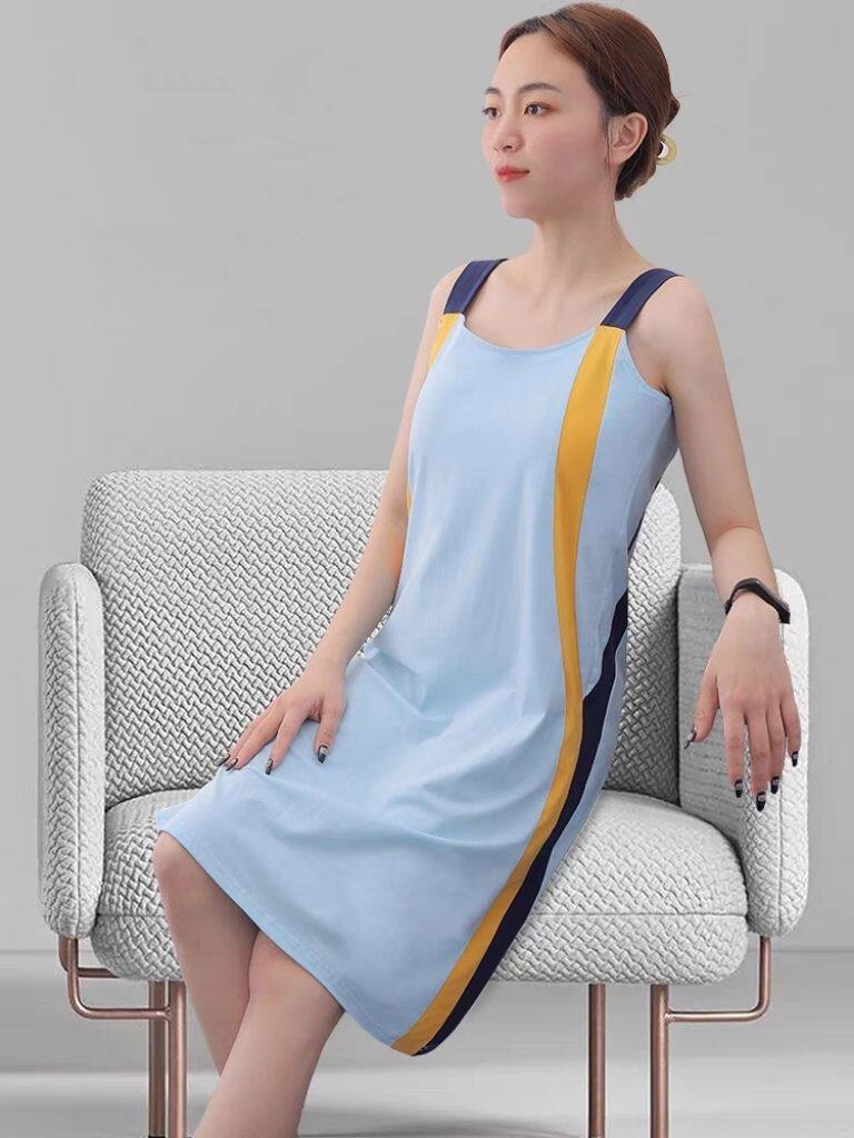 无袖睡裙小个子睡衣家居服连衣裙女夏大码300斤宽松吊带撞色拼接