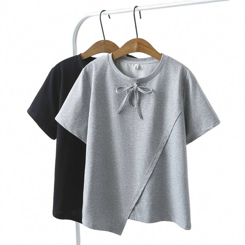 2025大码300斤女装短袖T恤冰丝显瘦夏季新款蝴蝶结不规则镂空上衣